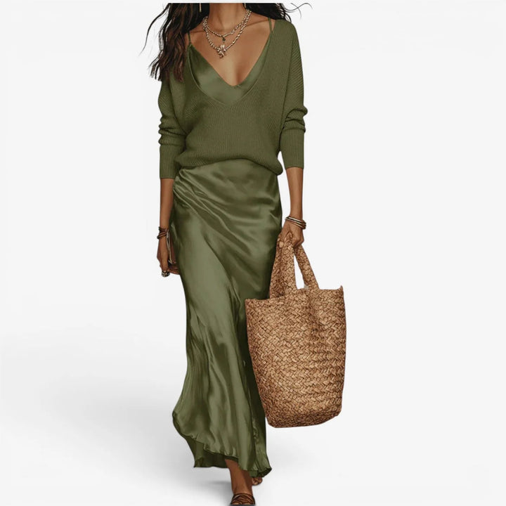 Effortless Ivory Knit & Satin Midi Ensemble