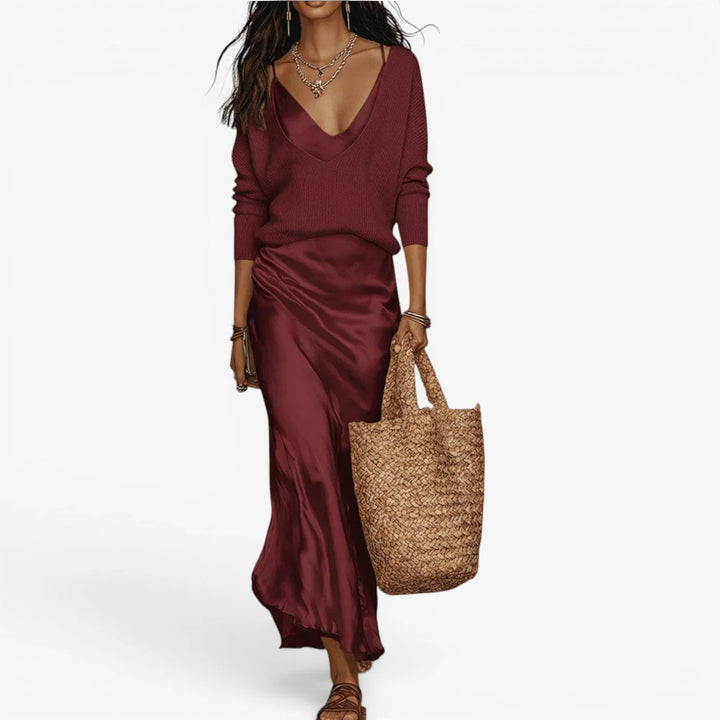Effortless Ivory Knit & Satin Midi Ensemble