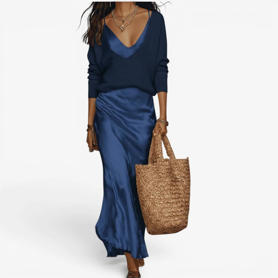 Effortless Ivory Knit & Satin Midi Ensemble