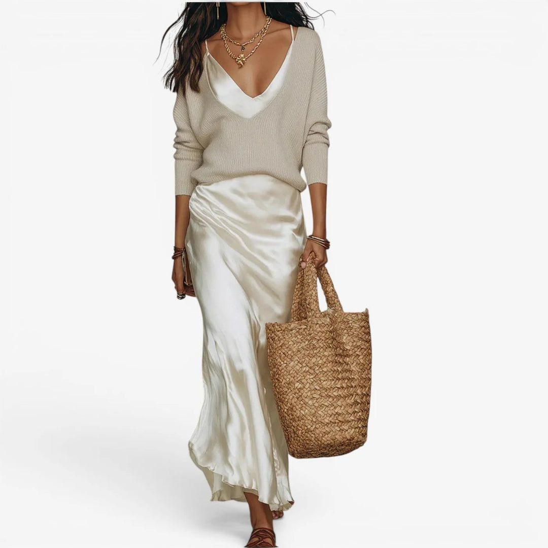 Effortless Ivory Knit & Satin Midi Ensemble