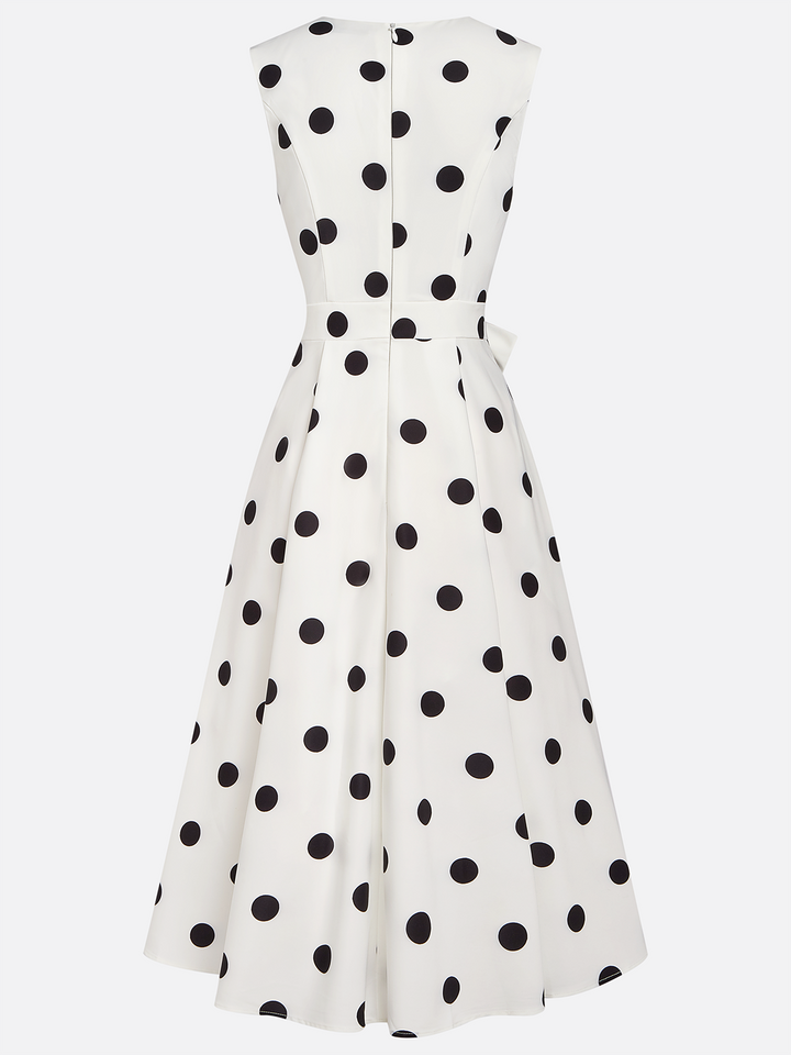 Black‑and‑White Classic Polka Dot French Sleeveless Midi Dress