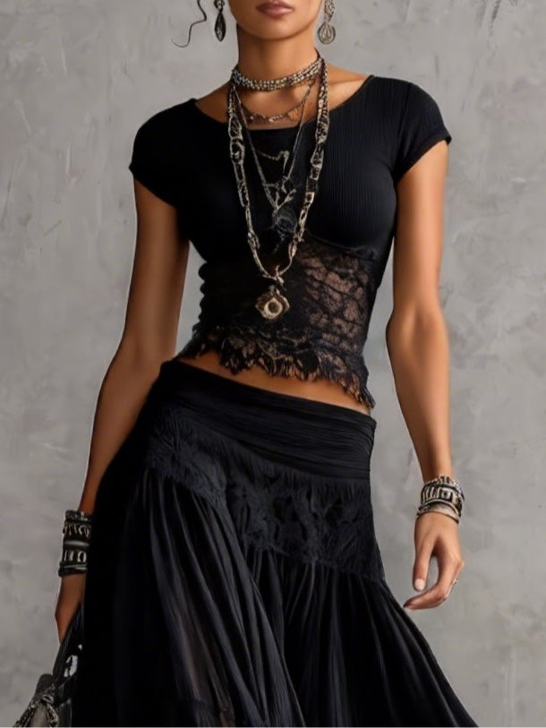 Chiara | Lace Detail Top & Flowing Maxi Skirt Set