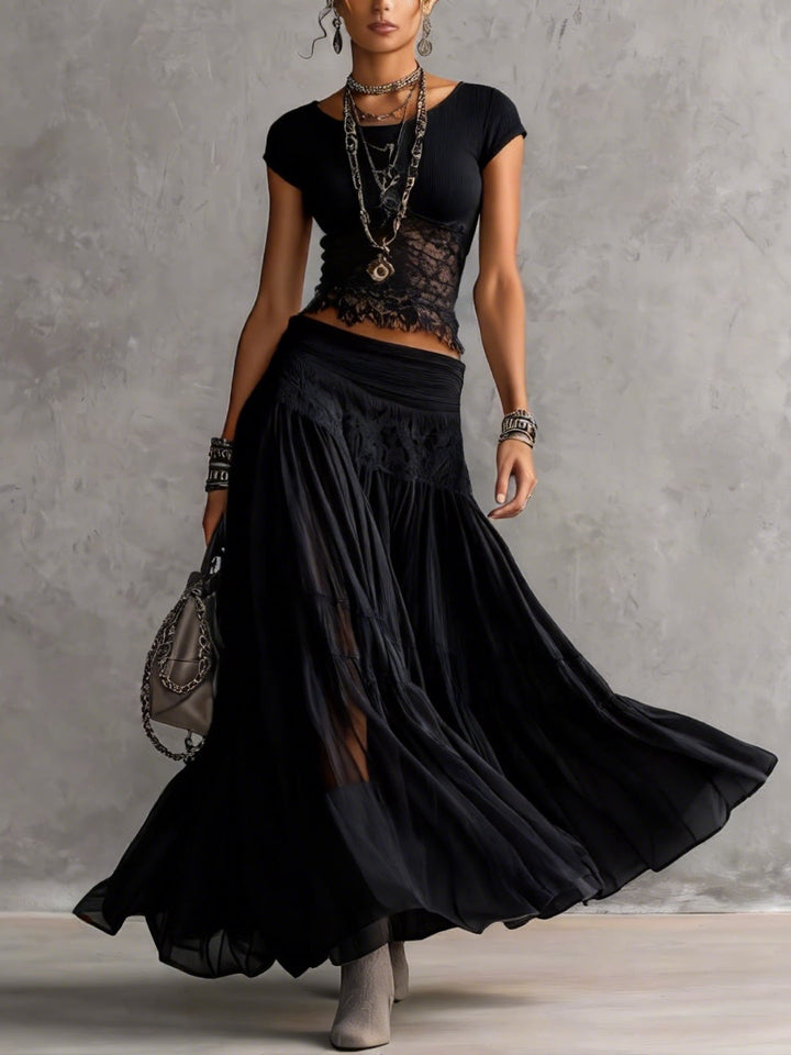 Chiara | Lace Detail Top & Flowing Maxi Skirt Set