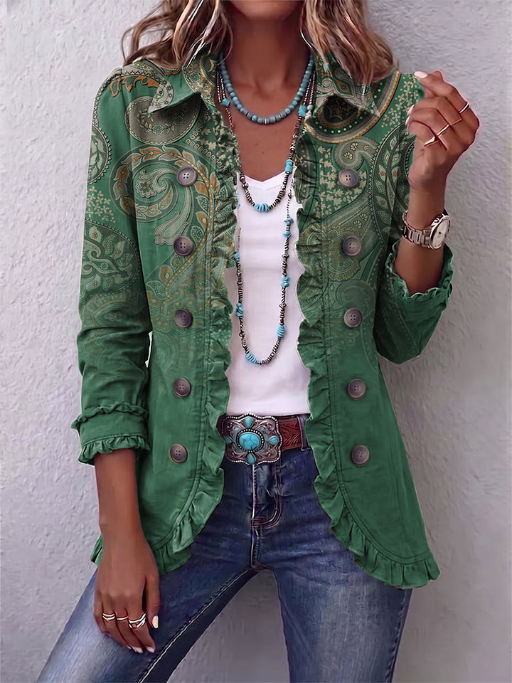 Cosette | Boho Paisley Jacket in Green with Ruffles