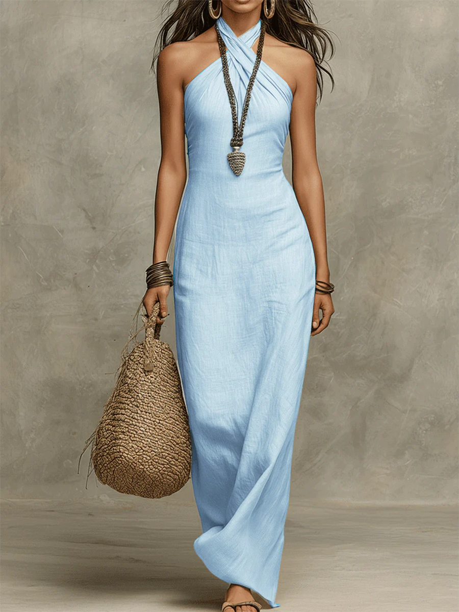 Avelina | Cotton-Linen Maxi Dress with Collared Neckline