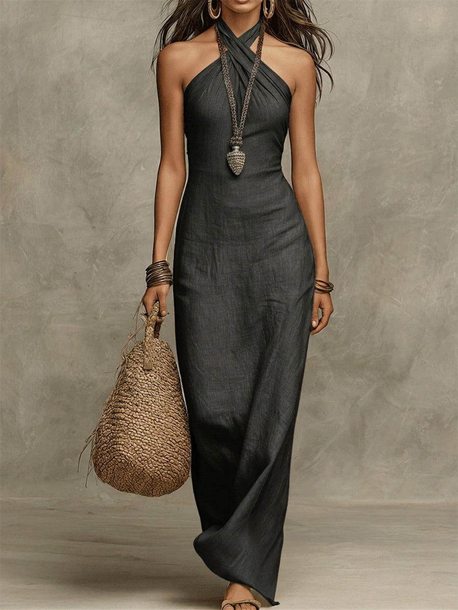 Avelina | Cotton-Linen Maxi Dress with Collared Neckline