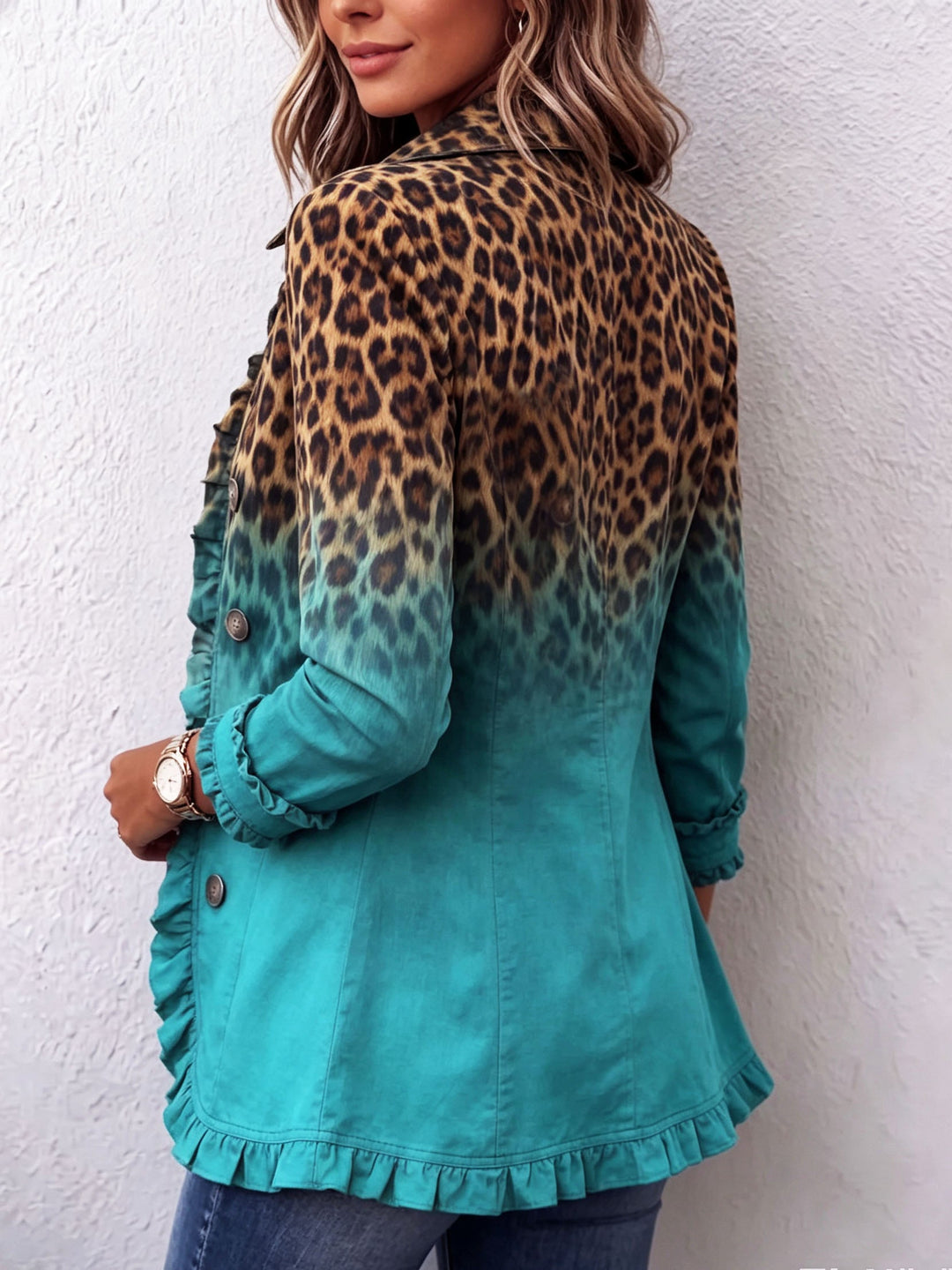 Béatrice | Ruffled Ombre Leopard Blazer in Turquoise