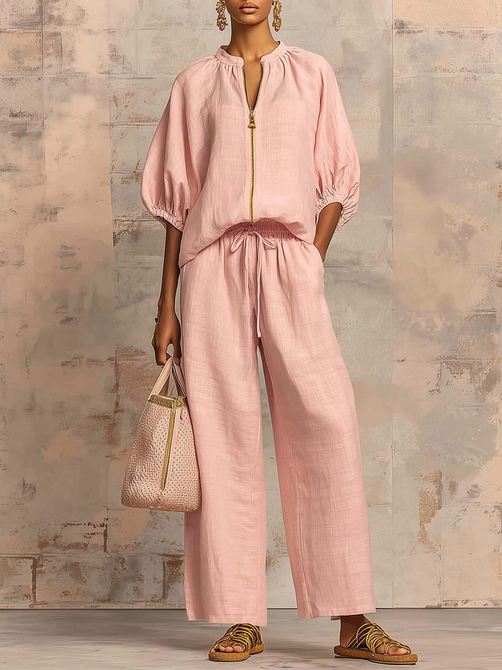 Casual Loose Solid Color Zipper Round Neck Wide-Leg Pants Set