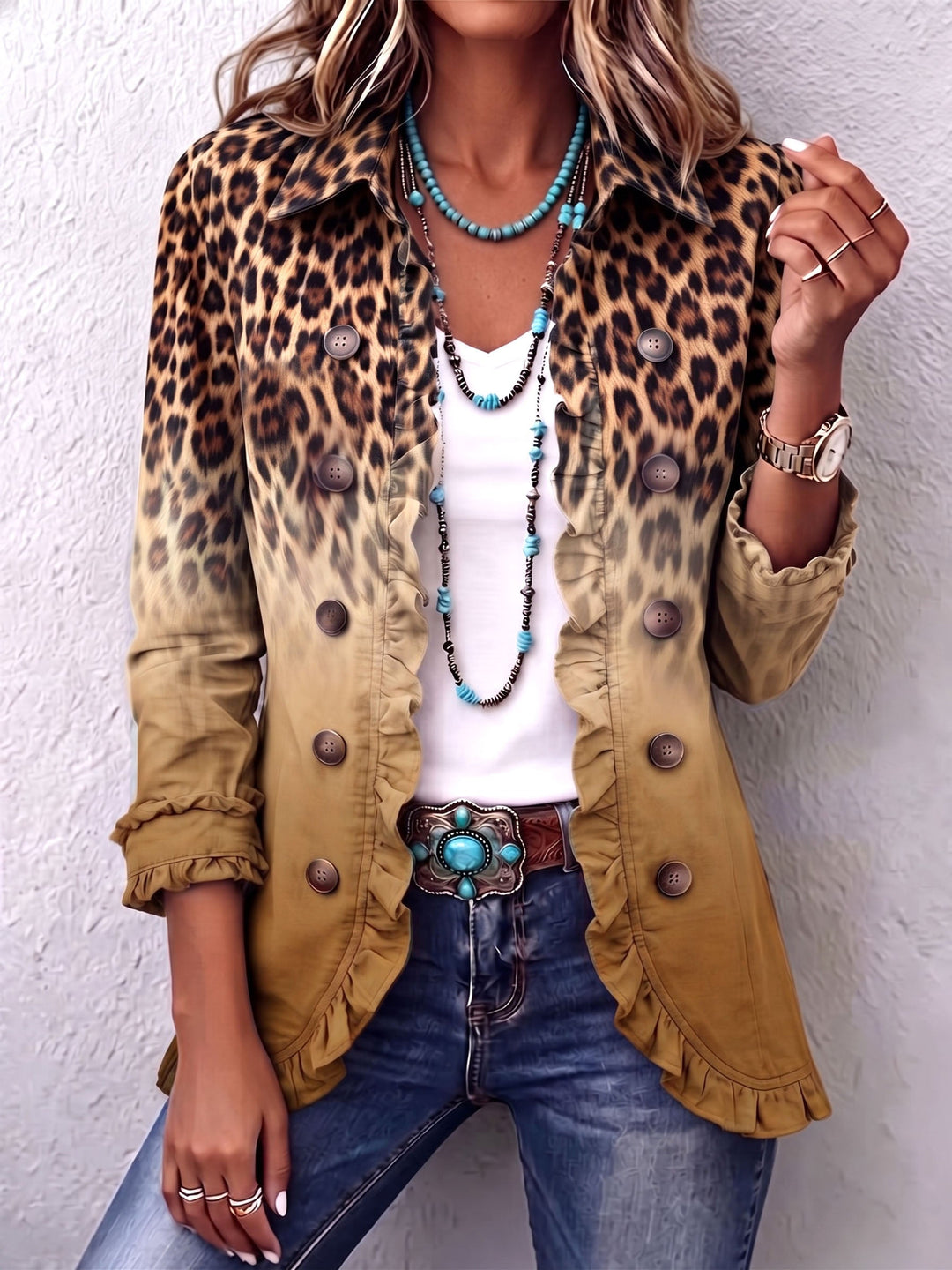 Béatrice | Ruffled Ombre Leopard Blazer in Turquoise