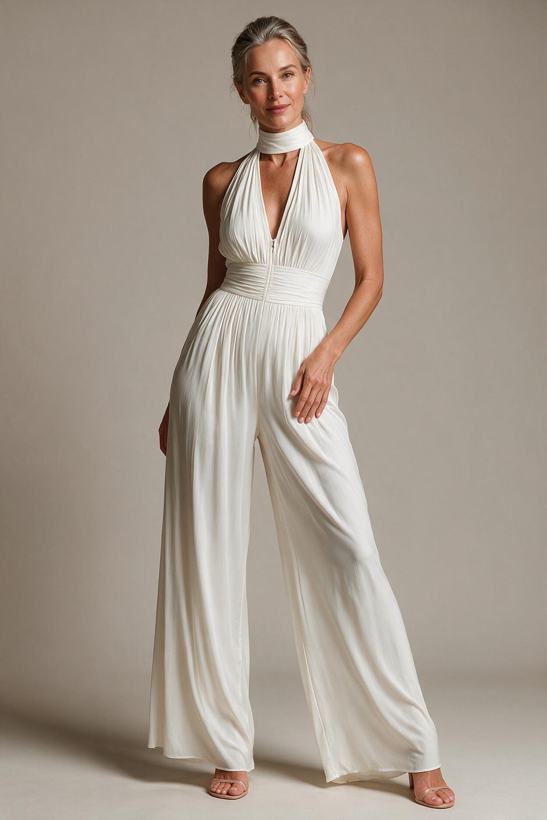 White V-neck Sleeveless Zip-up Pleated Wide-leg Chiffon Jumpsuit
