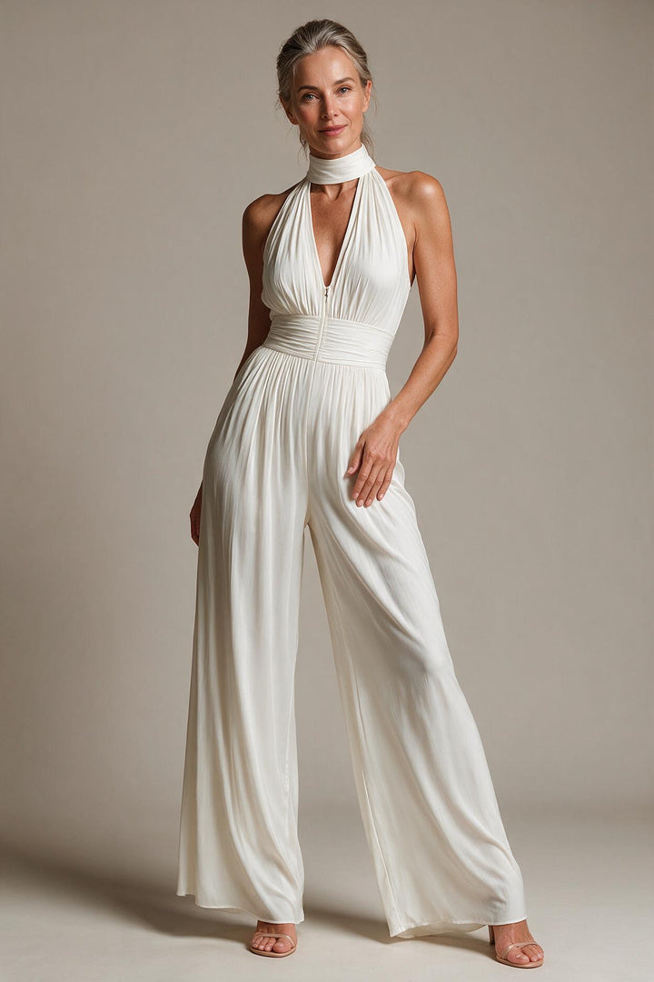 White V-neck Sleeveless Zip-up Pleated Wide-leg Chiffon Jumpsuit