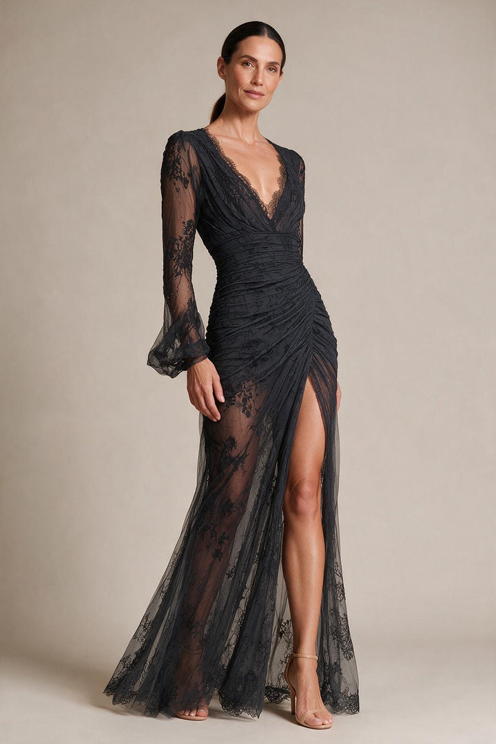 Dark Grey Lace Ruched Sheer Long Sleeve Slit Maxi Dress