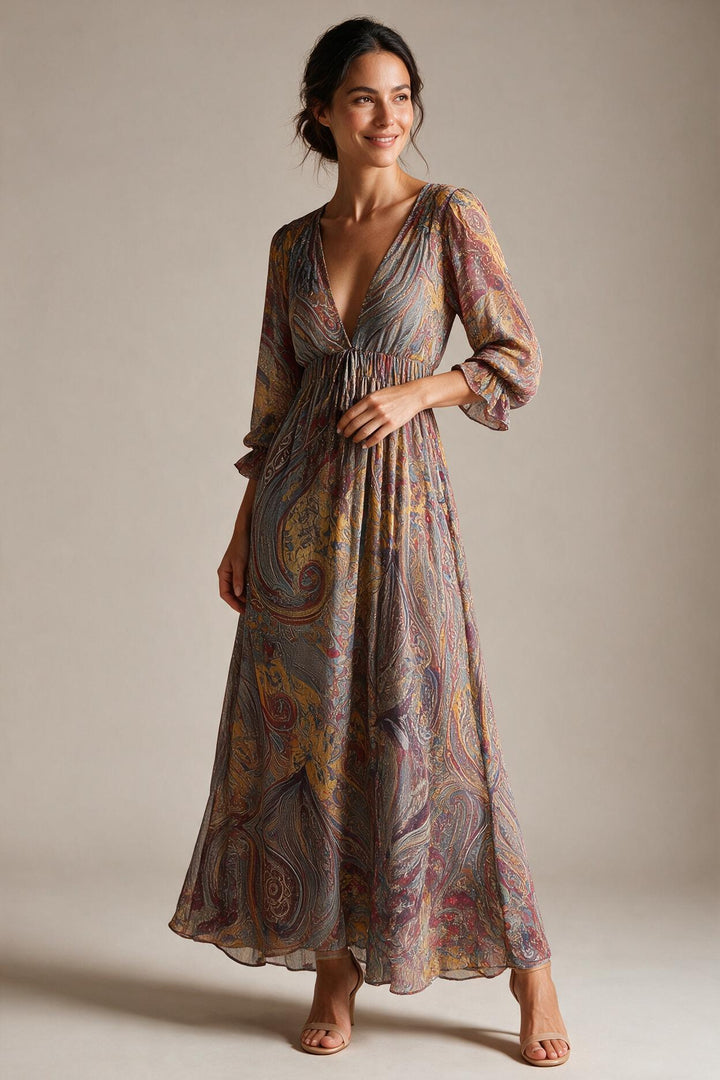 Paisley Print V-neck Gathered Chiffon Maxi Dress