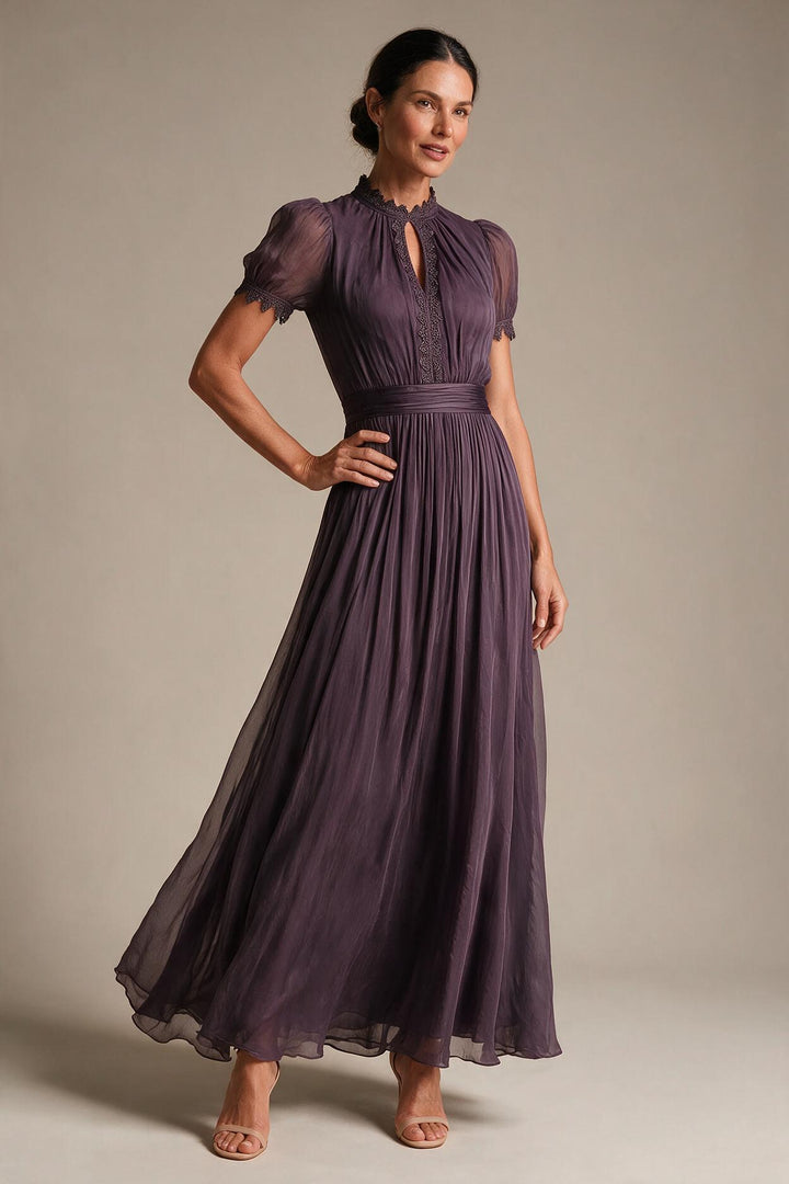 Purple Keyhole Neckline Chiffon Lace Trim Maxi Dress
