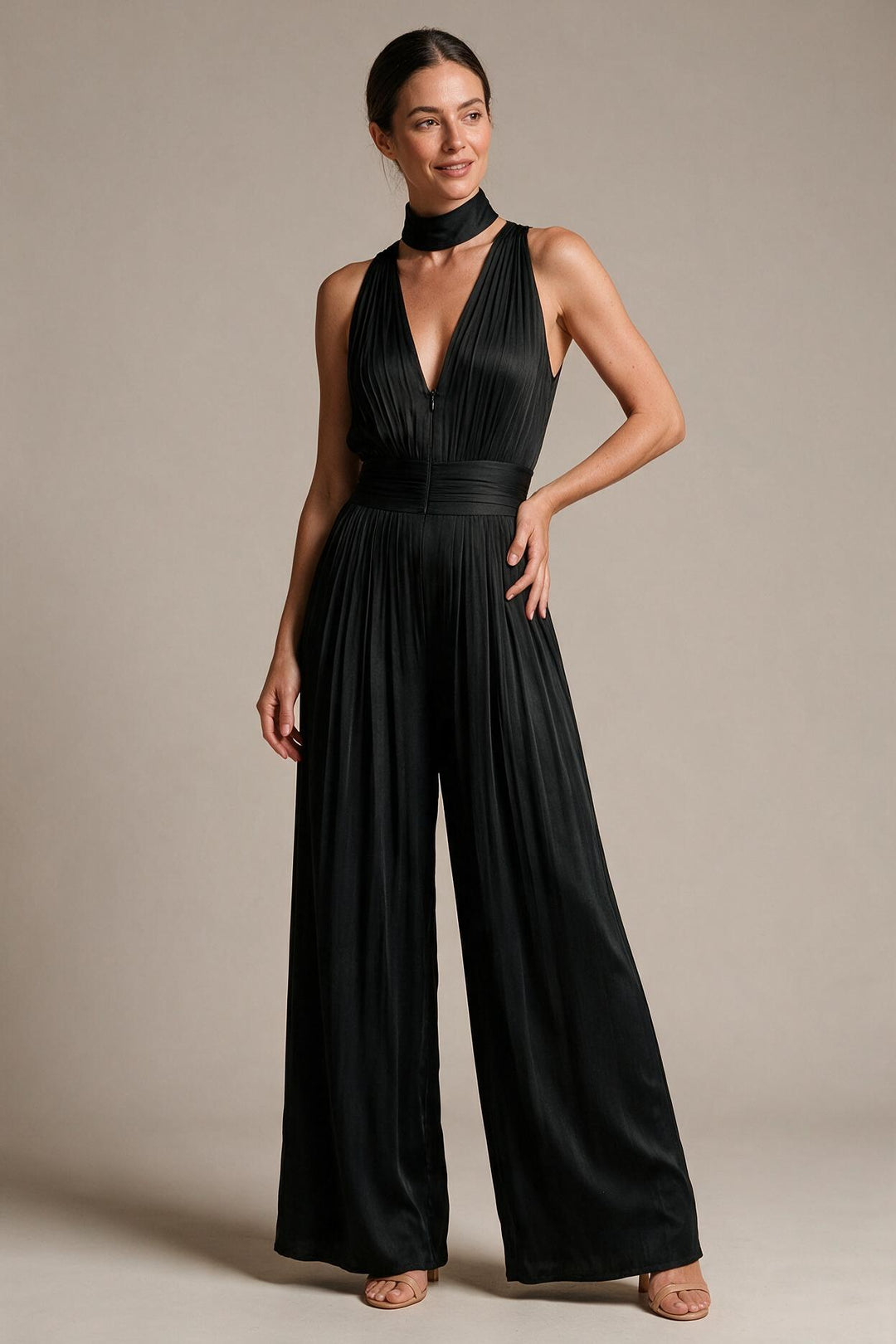 Black V-neck Sleeveless Zip-up Pleated Wide-leg Chiffon Jumpsuit