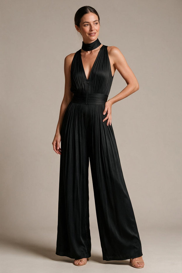 Black V-neck Sleeveless Zip-up Pleated Wide-leg Chiffon Jumpsuit