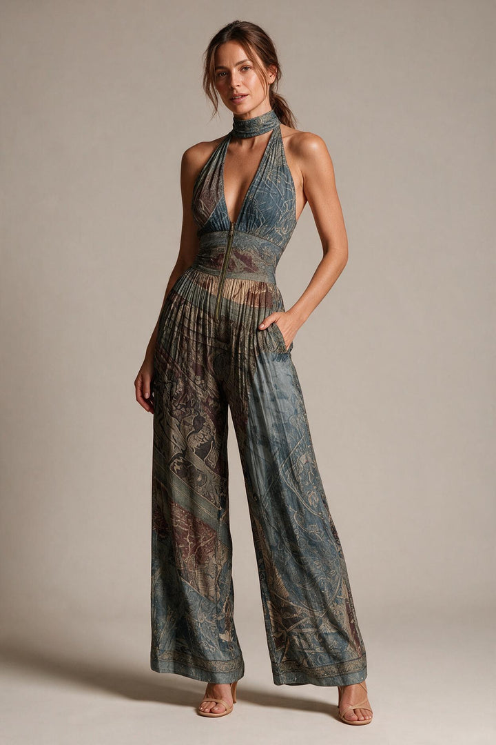 Bohemian Ethnic Print Sleeveless Zipper Pleated Wide-leg Chiffon Jumpsuit
