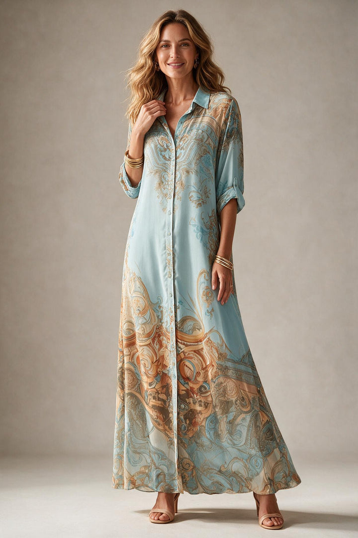 Vacation Blue Floral Print Shirt Maxi Dress