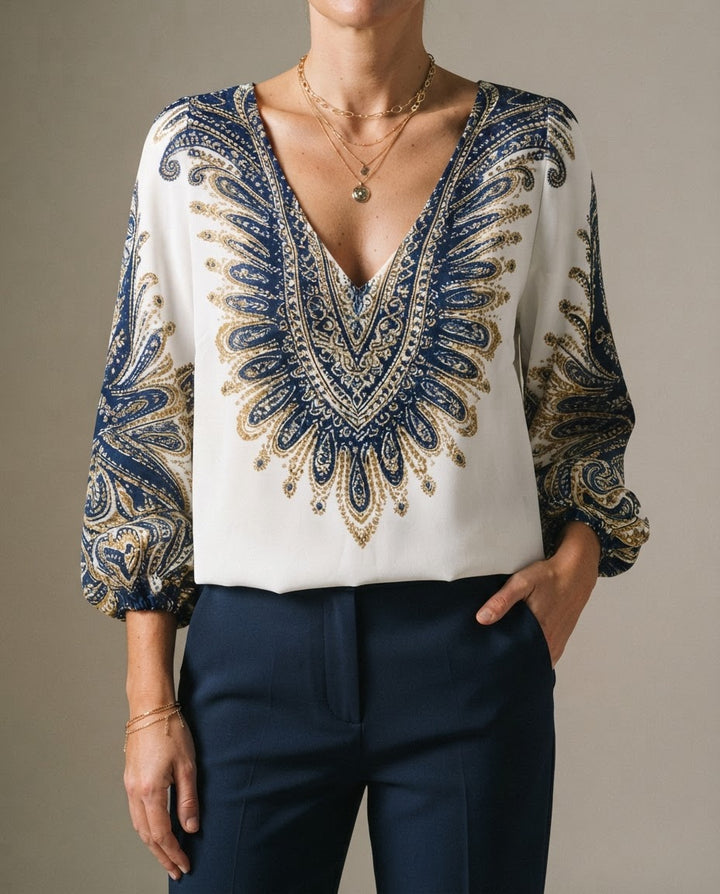 Elara | Retro Print V-Neck Blouse