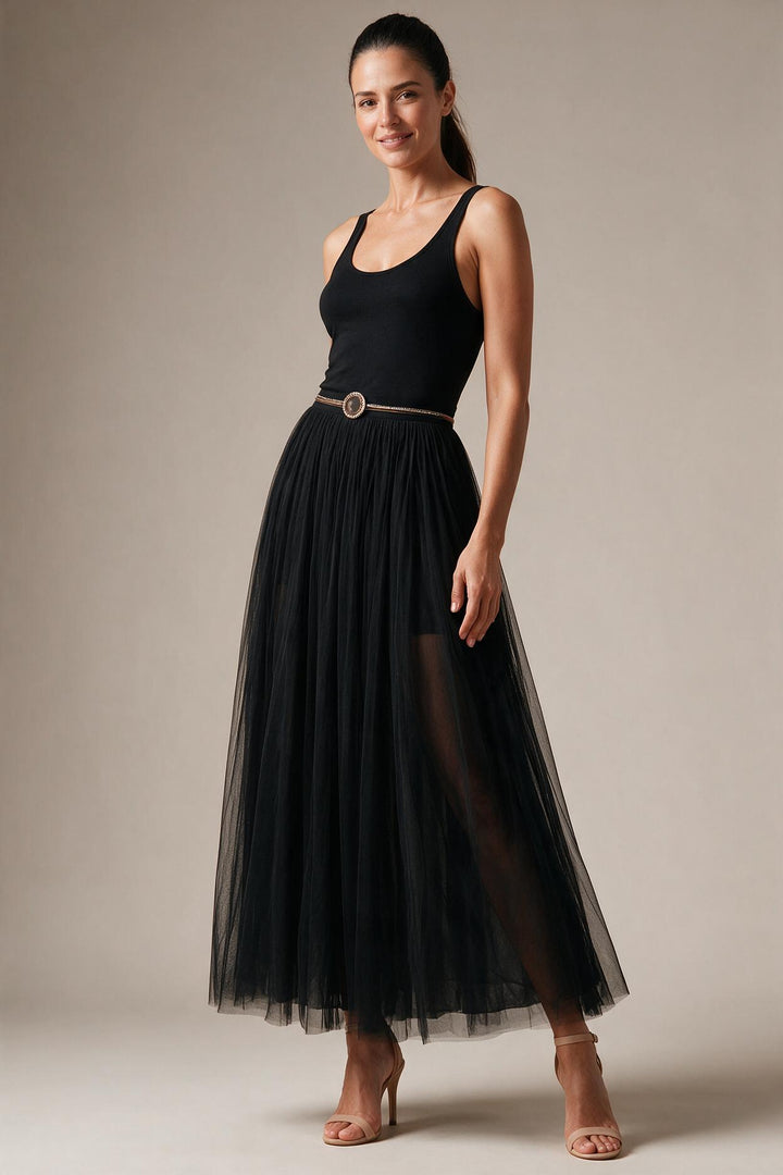 Black Sleeveless Tank Top With Tulle Skirt Maxi Dress (with belt)