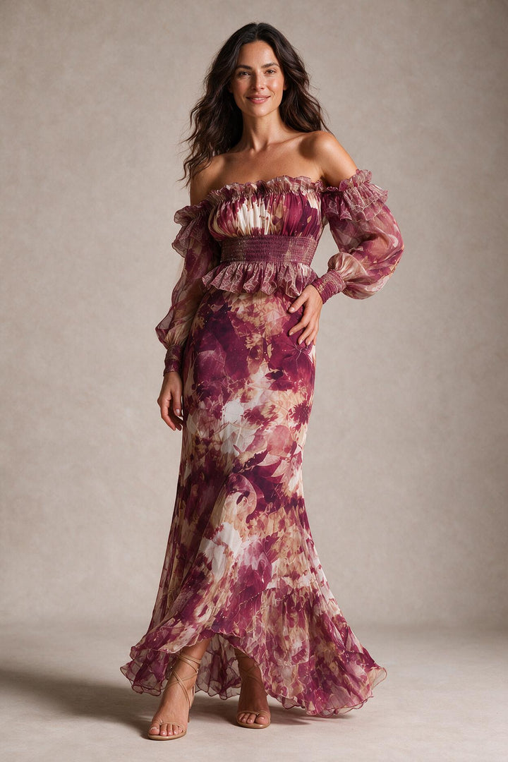 Rose Pink Floral Off-Shoulder Chiffon Maxi Dress