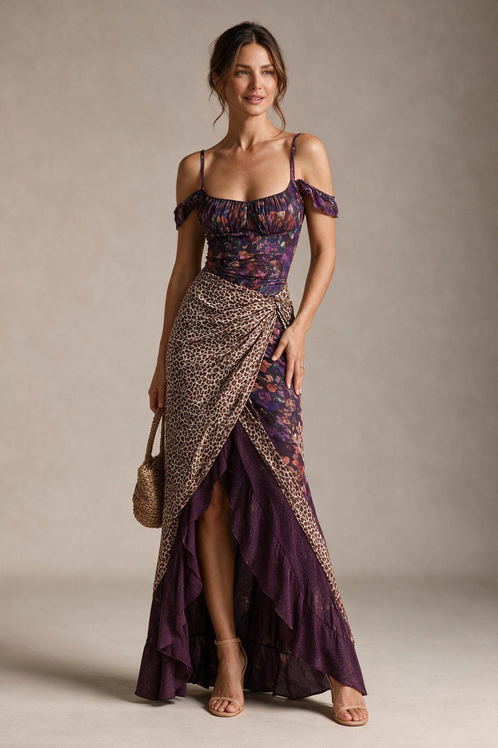 Purple Urban Nomadic Leopard Print Floral High-slit Maxi Dress