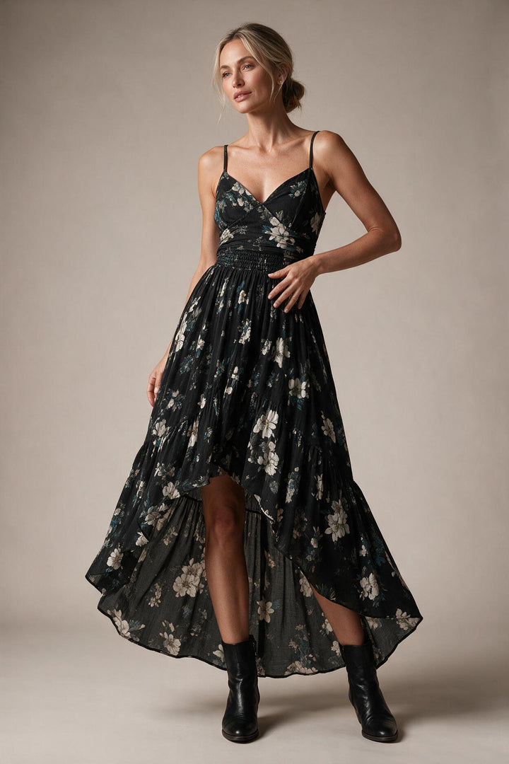 Black Bohemian Floral Print Irregular Strapless Maxi Dress