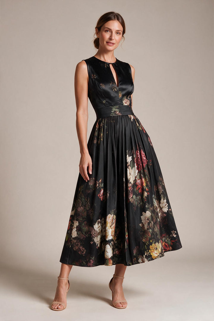 Black Keyhole Collar Floral Pleated Satin Midi Dress