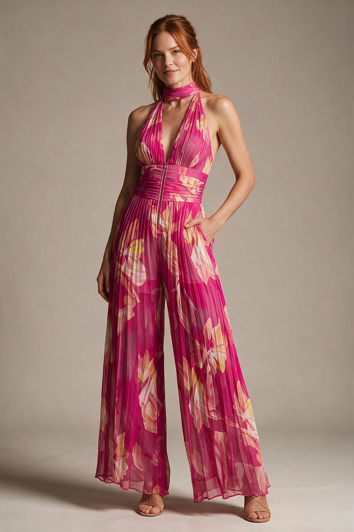 Fuchsia Floral Print Sleeveless Zippered Pleated Wide-leg Chiffon Jumpsuit