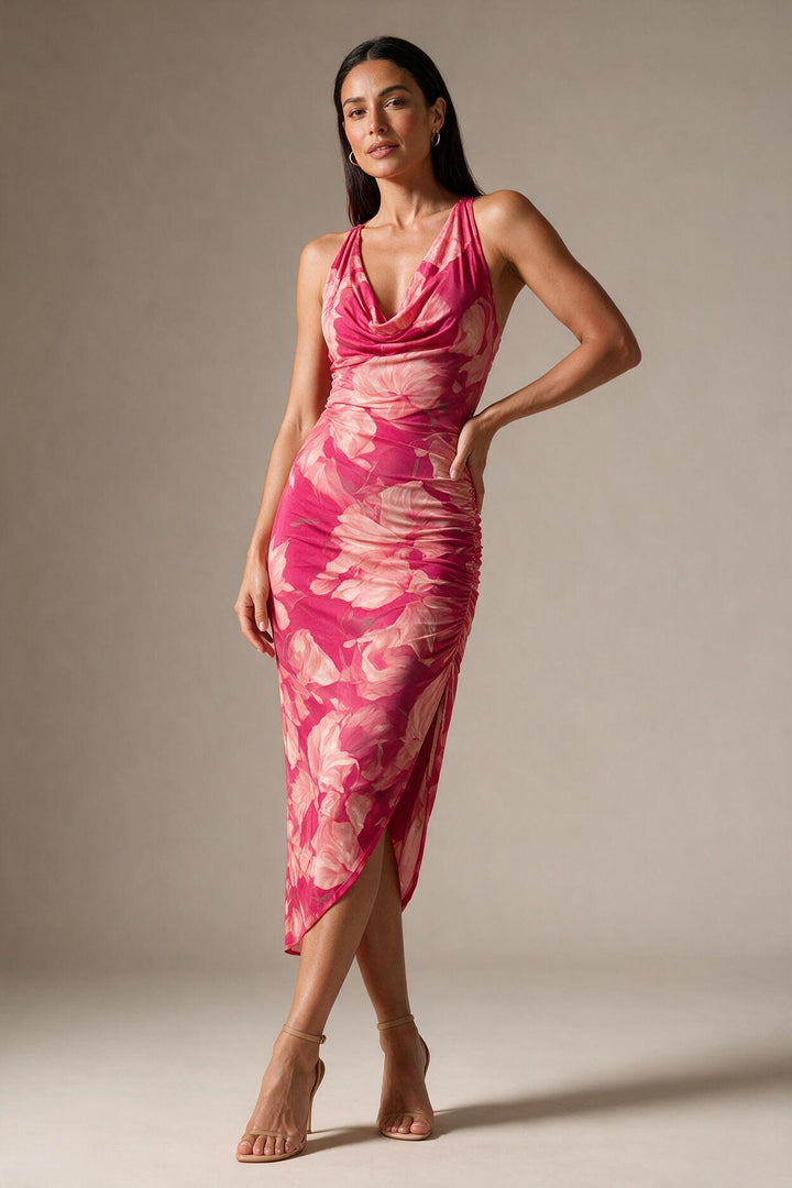 Fuchsia Floral Print Sleeveless Ruched Side Split Bodycon Dress