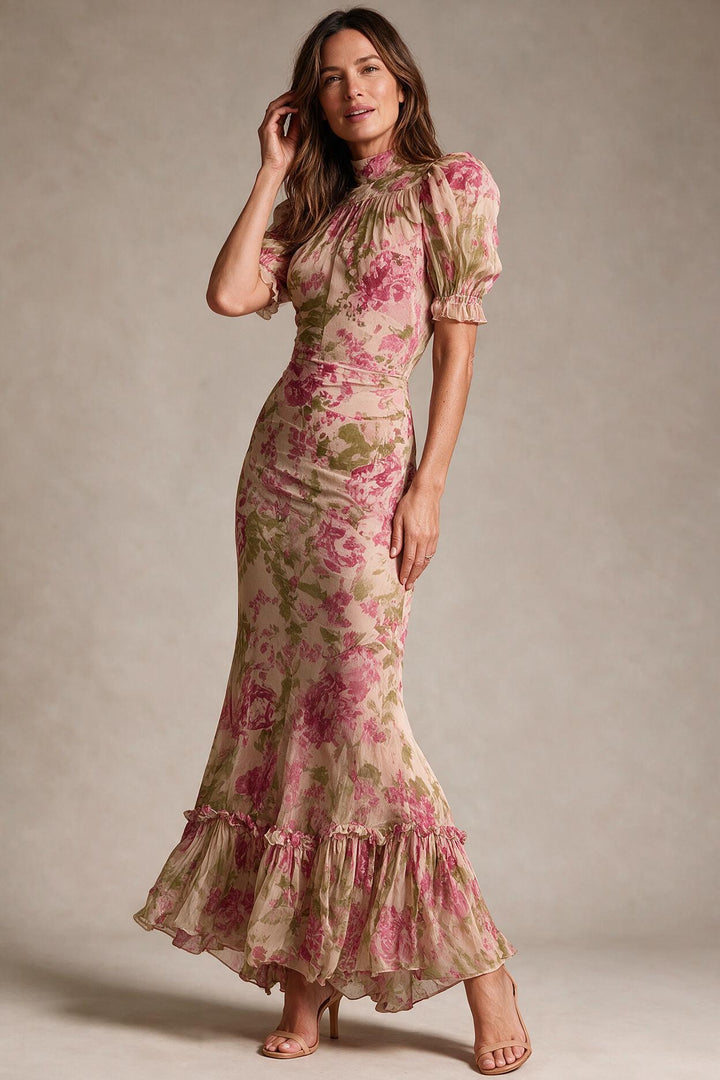 Vintage Rose Print Maxi Dress With Puff Sleeves (Accessories not included)