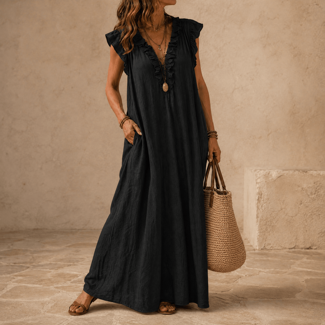 Velina | Ruffle-V Midi Dress with Pockets