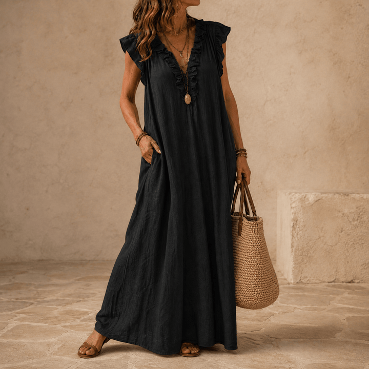 Velina | Ruffle-V Midi Dress with Pockets
