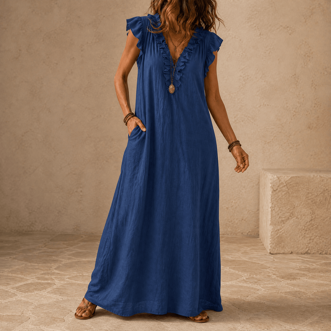 Velina | Ruffle-V Midi Dress with Pockets