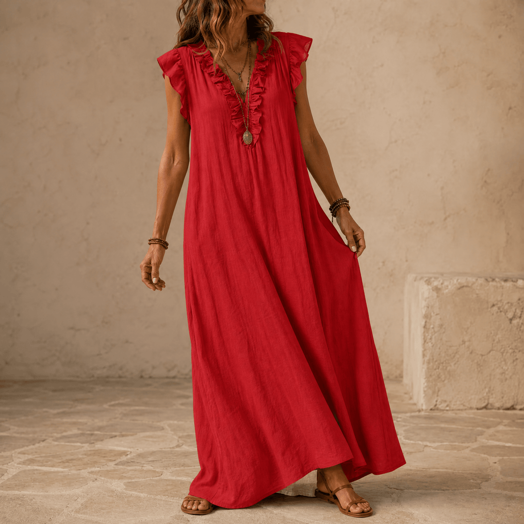 Velina | Ruffle-V Midi Dress with Pockets