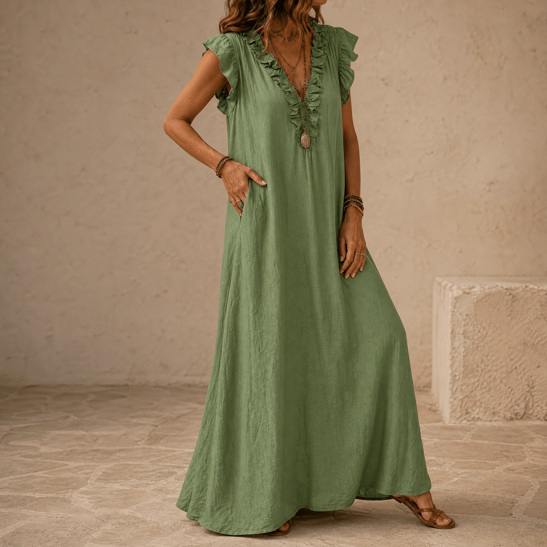 Velina | Ruffle-V Midi Dress with Pockets