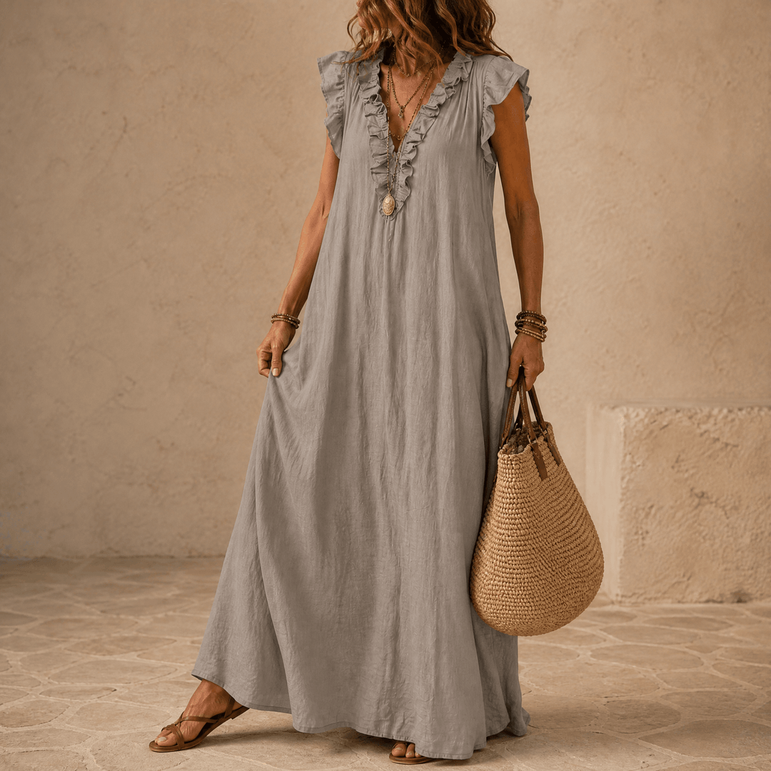 Velina | Ruffle-V Midi Dress with Pockets