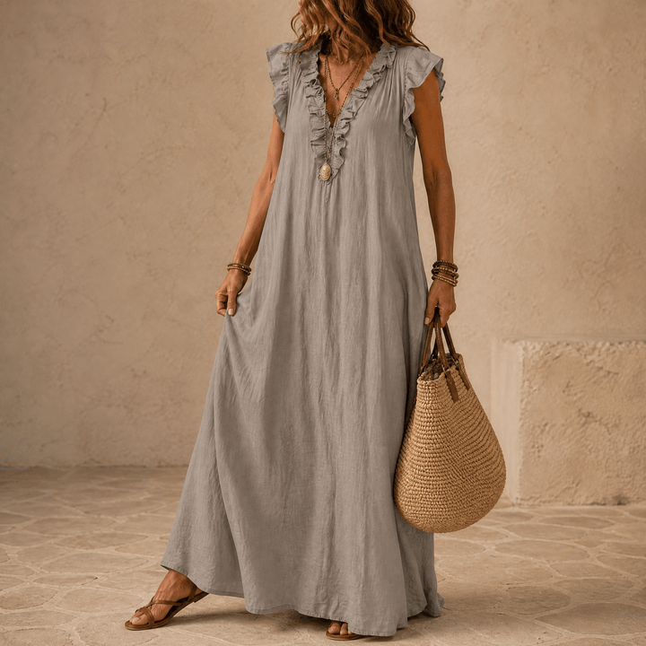 Velina | Ruffle-V Midi Dress with Pockets