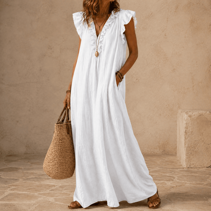 Velina | Ruffle-V Midi Dress with Pockets